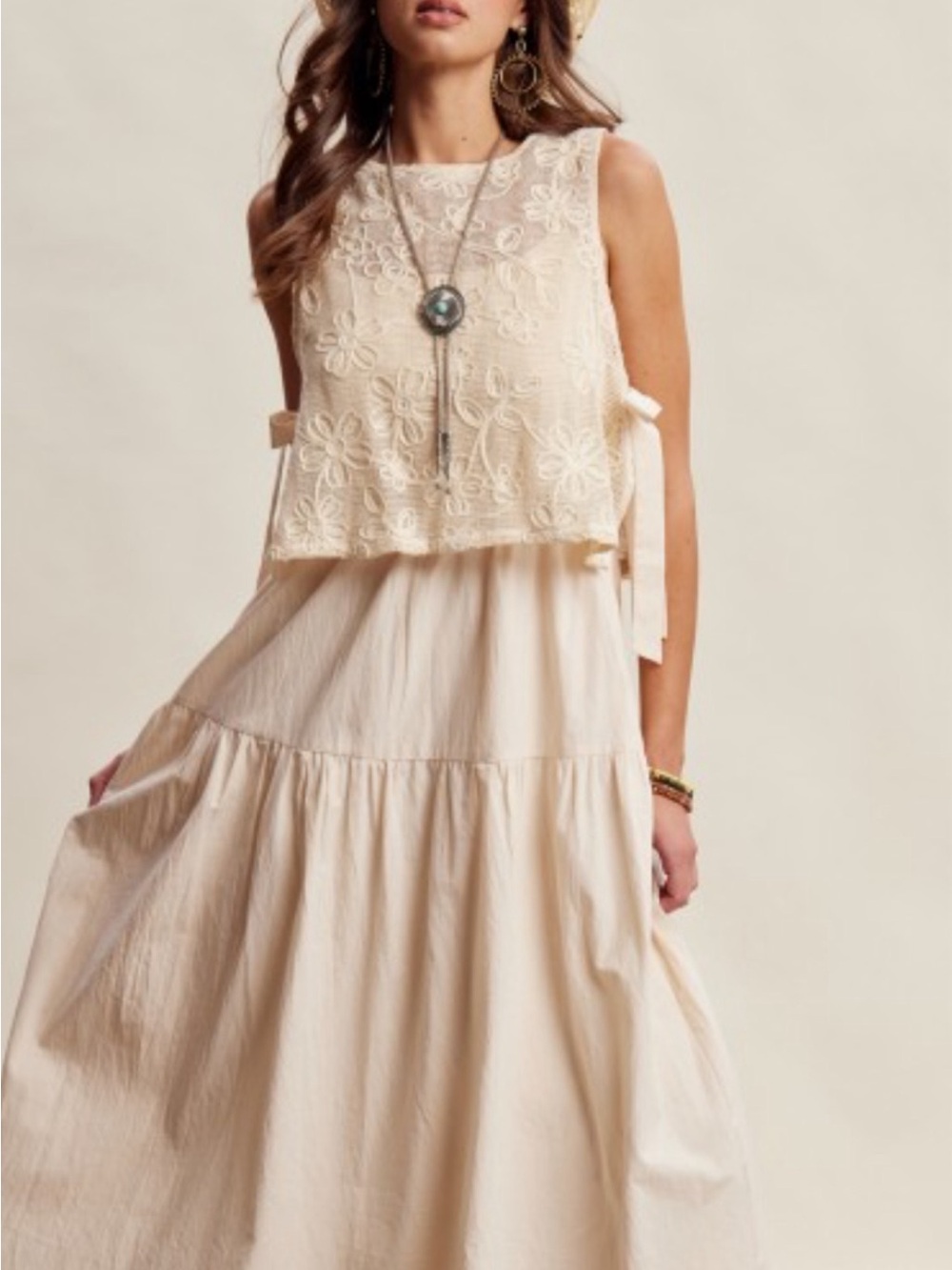 Listicle Cream Lace Overlay Maxi Dress with Side Ties